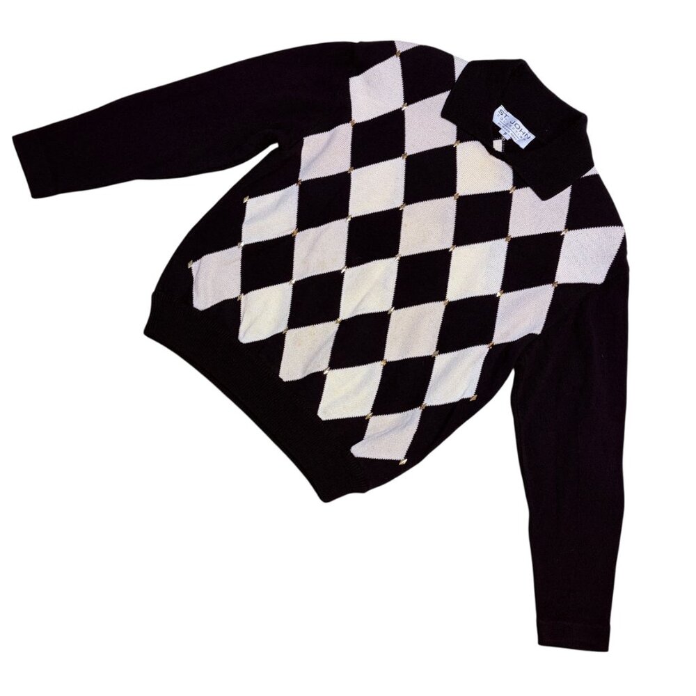 ST. JOHN Argyle Black White Diamond Collared Sweater Top - Size P - Picture 6 of 15